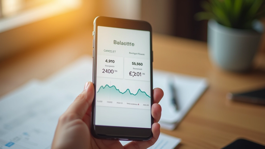 Aplikacja bankowa na ekranie smartfonu pokazująca rosnące saldo konta oszczędnościowego z wykresem wzrostu